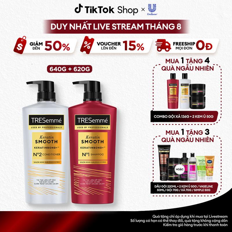Combo Dầu Gội 640g + Dầu Xả 620g TRESEMME Keratin Smooth Công Thức Hydrolyzed Keratin Hỗ Trợ Dưỡng Tóc Vào Nếp Suôn Mượt Nữ [1]