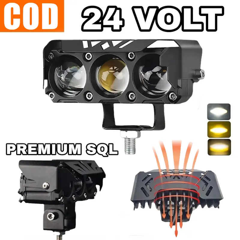 Lampu Tembak 3 Mata 24 Volt PREMIUM LENS Sorot Laser Gun LED SQL3 Truk Bus Canter Putih Kuning Worklight Motor Mobil High Low Lasergun Offroad Jauh Dekat Dim Truck