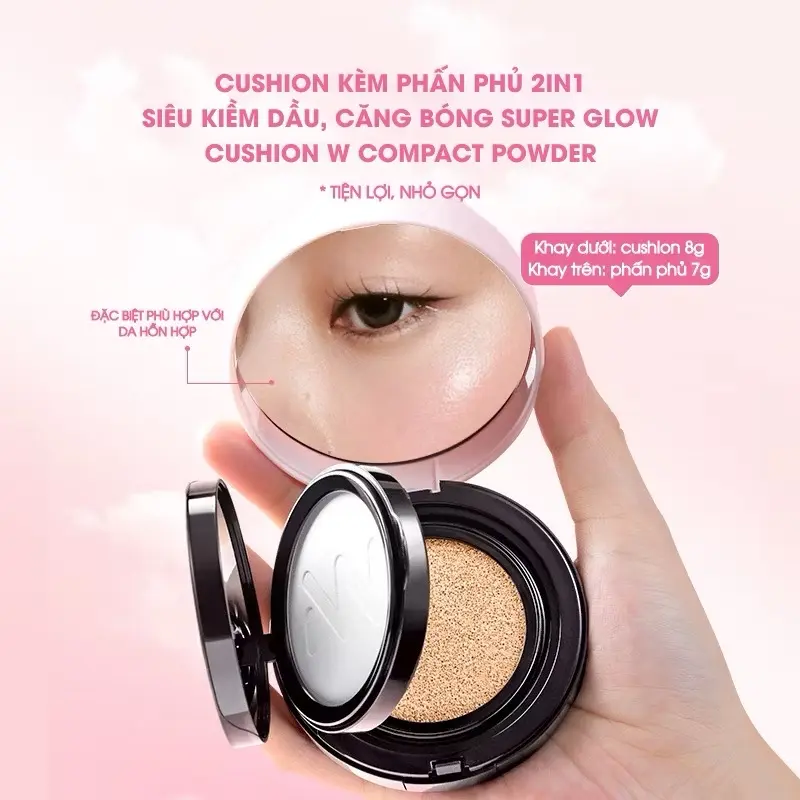 [MUA 1 TẶNG 1] Cushion kèm phấn phủ 2in1 siêu kiềm dầu, căng bóng Menow Super Glow Cushion & Compact Powder [TẶNG 1 LÕI F02] 2
