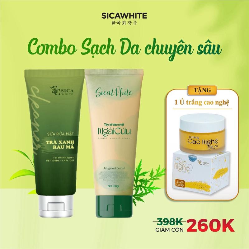    COMBO SẠCH DA   Sữa Rửa Mặt Trà Xanh   100ml   và Tẩy Tế Bào Chết Ngải Cứu   100gr   Tặng Ủ Trắng Cao Nghệ   50gr   
