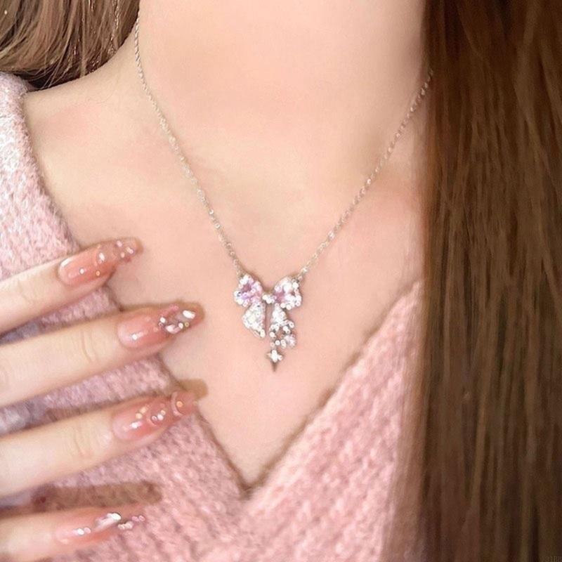 Explosive Network Red Pink Bright Bow Necklace Ins Students Sweet Cool Girl Clavicle Chain with Light Luxury Senior Sense of Summer 1