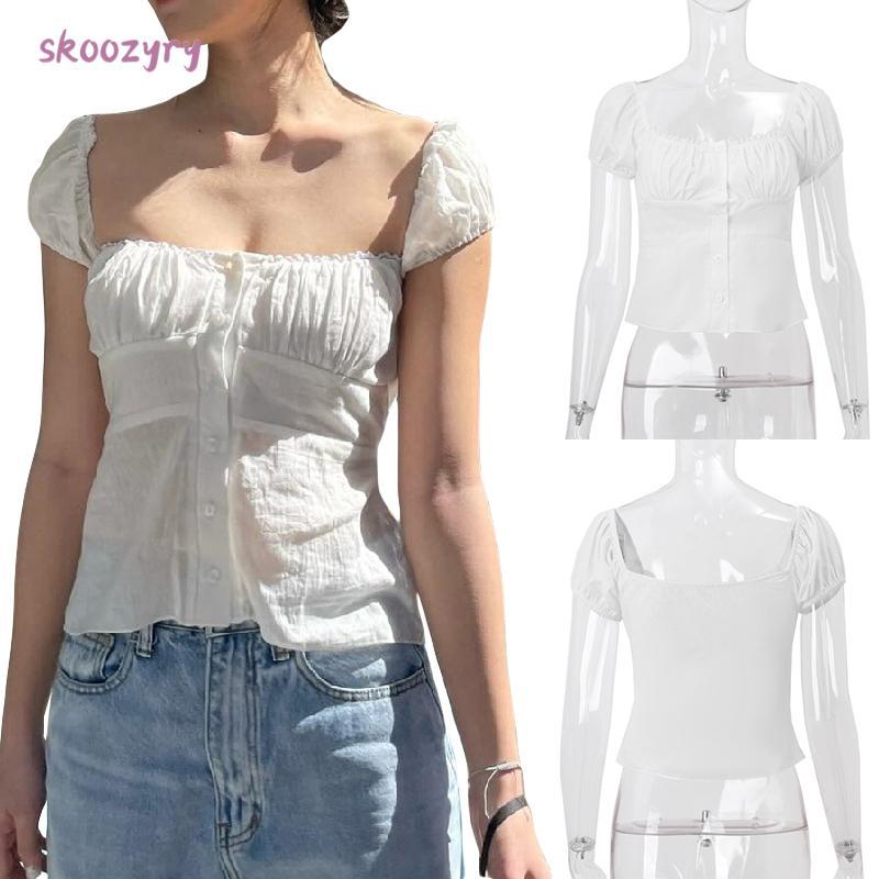 Product Introduction of Áo Phông Cài Cúc Cho Nữ, Tay Áo Có Mũ, Cổ Vuông, Ngực Xếp Nếp, Áo Ôm Sát, Áo Sơ Mi Mùa Hè Top Shirt 30