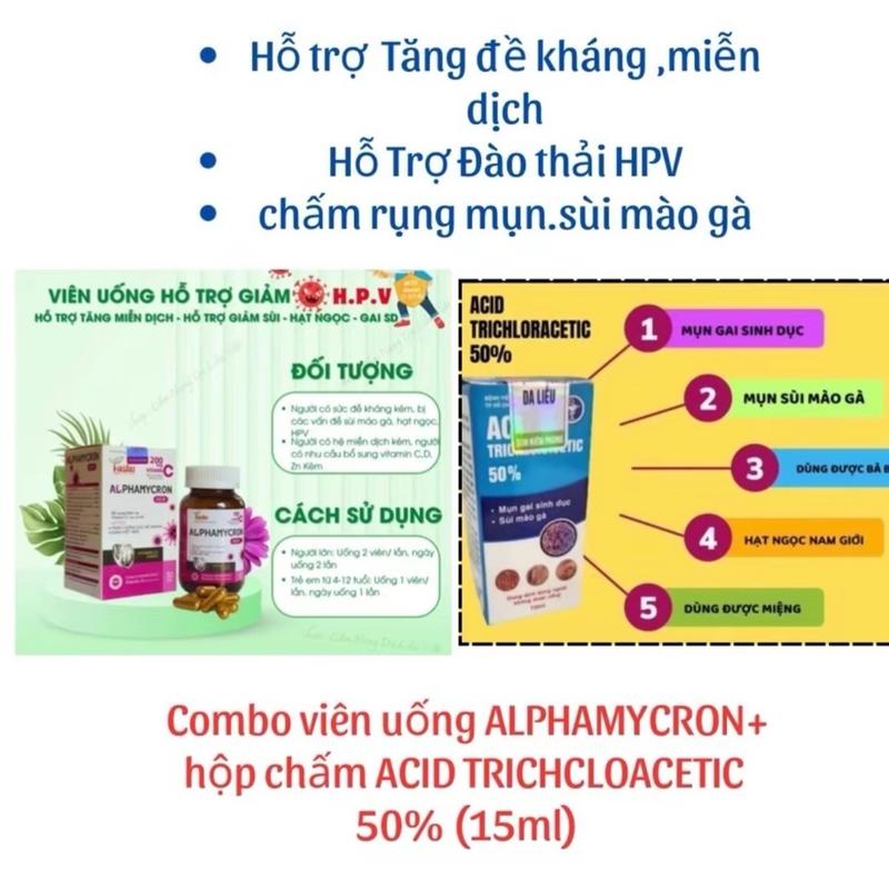 {CHE TÊN} Combo viên uống ALPHAMYCRON hộp 30v+ dung dịch chấm rụng mụn Acid TRICHCLOACETIC 50%(15ml).Hỗ trợ đào thải HPV chấm rụng mụn sùi