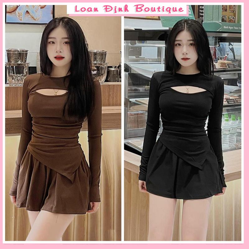 Set Bộ Áo Khoét Ngực Dài Tay Chân Váy Ngắn Siêu Cá Tính Đồ Bộ Nữ Len Tăm Thu Đông Loan Định Boutique LD210 Women Top