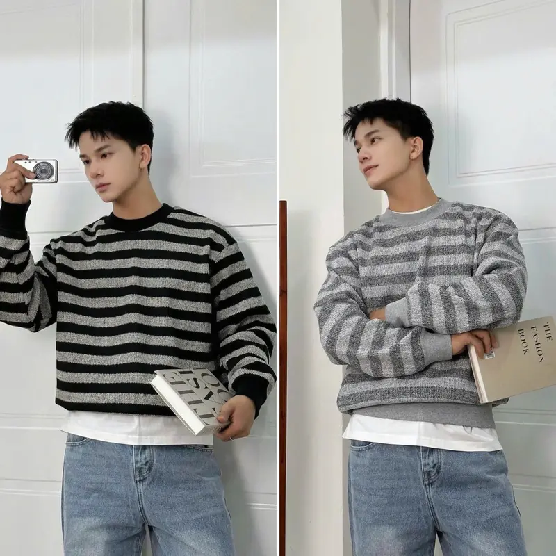 Áo sweater KẺ lông cáo, Áo ép lông striper unisex nam nữ  Menswear AN222 Pi Studio 0