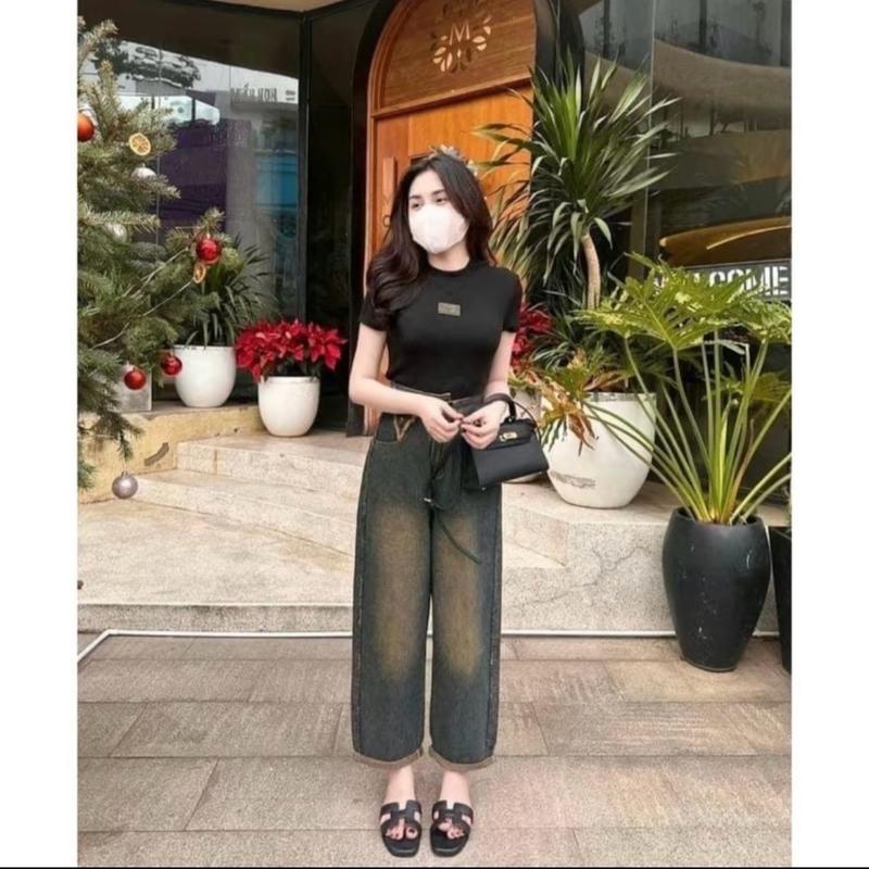 Quần jean nữ lưng baggy nữ ống rộng phủ dơ lưng cao Denim Women Pants 1