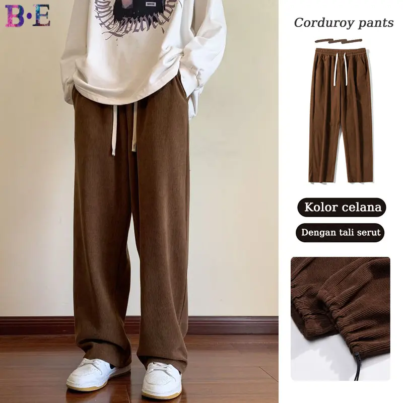 Celana Corduroy Panjang unisex celana korduroy pria korean style baggy pants coklat retro celana kulot pria oversize cordutoy Pants celana panjang pria loose pants celana pria keren celana hitam celana kain celana corduroy pria  Remaja Casual Straight 0