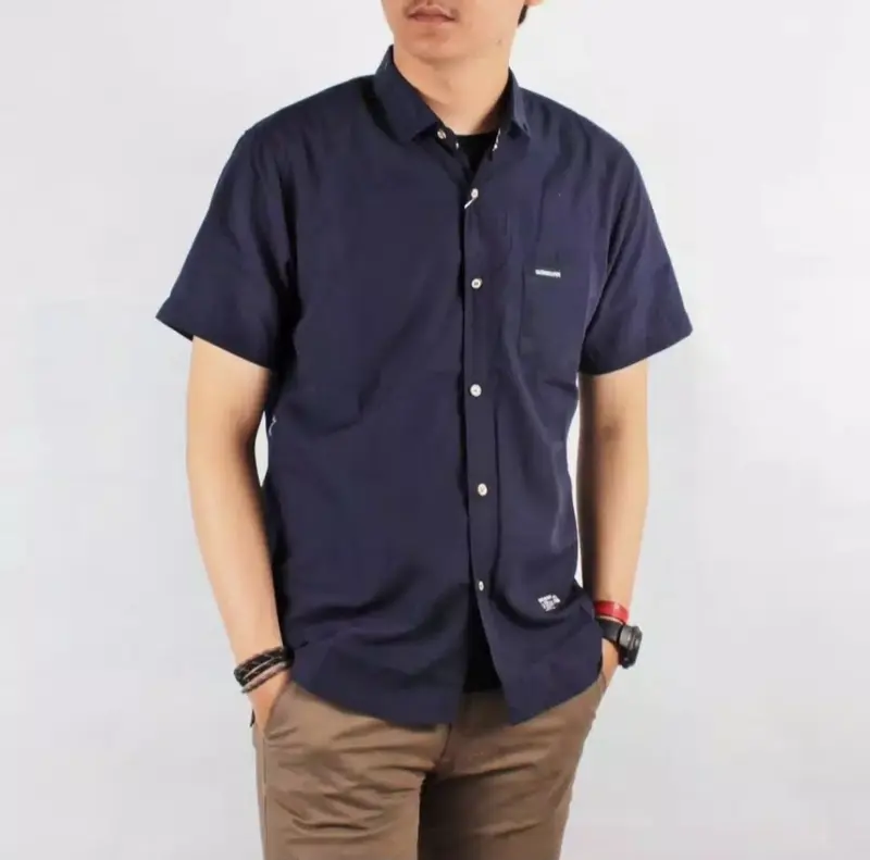 Hem Kemeja Pria Dewasa lengan pendek 13 warna Jumbo Katun Polos Hitam Putih Santai Slim-fitting V-Neck Crew Neck Biru Cream Hijau Kuning Maroon Muda Navy Baju Kerja Casual Panjang Kantor 7