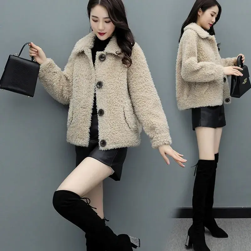 Lamb Wool Coat for Women New Korean Style Autumn and Winter Thickening Fleece Cashmere Short Small Student Sweater