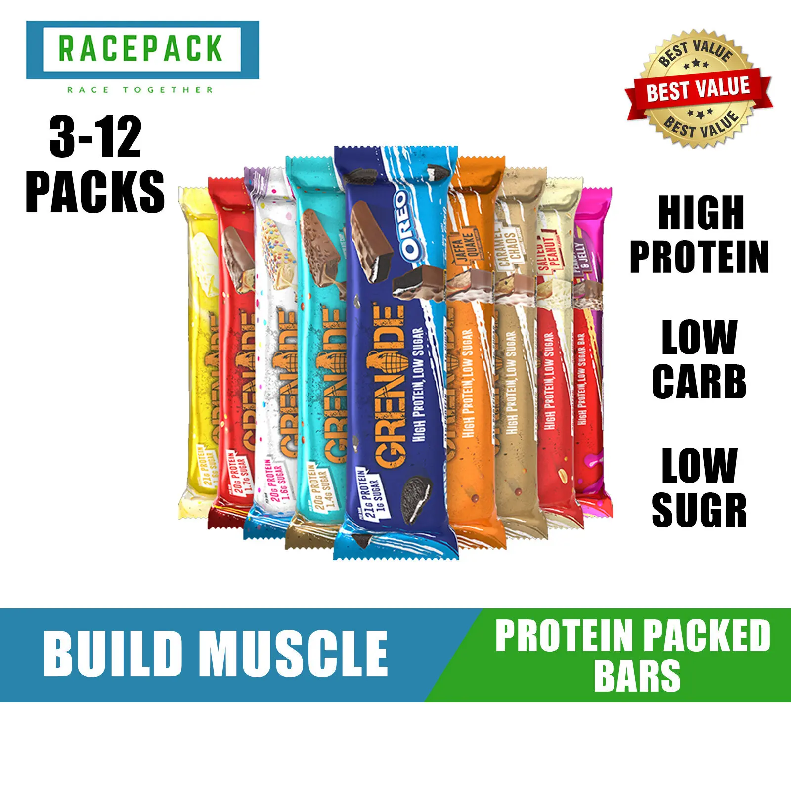Grenade Protein Bar | 3  - 12 Pcs | Low Carb | Low Sugar | High Protein | Build Muscle | Post Workout | Assorted Flavours| Widest Selection| Gym | Fitness| Snacks
