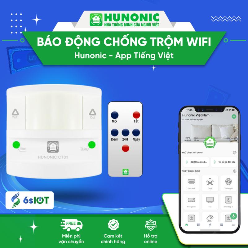 Thiết Bị Chống Trộm, Báo Khách WiFi Hunonic CT01, App Tiếng Việt, Phát Hiện Chuyển Động, Còi Hú Cảnh Báo Qua Điện Thoại