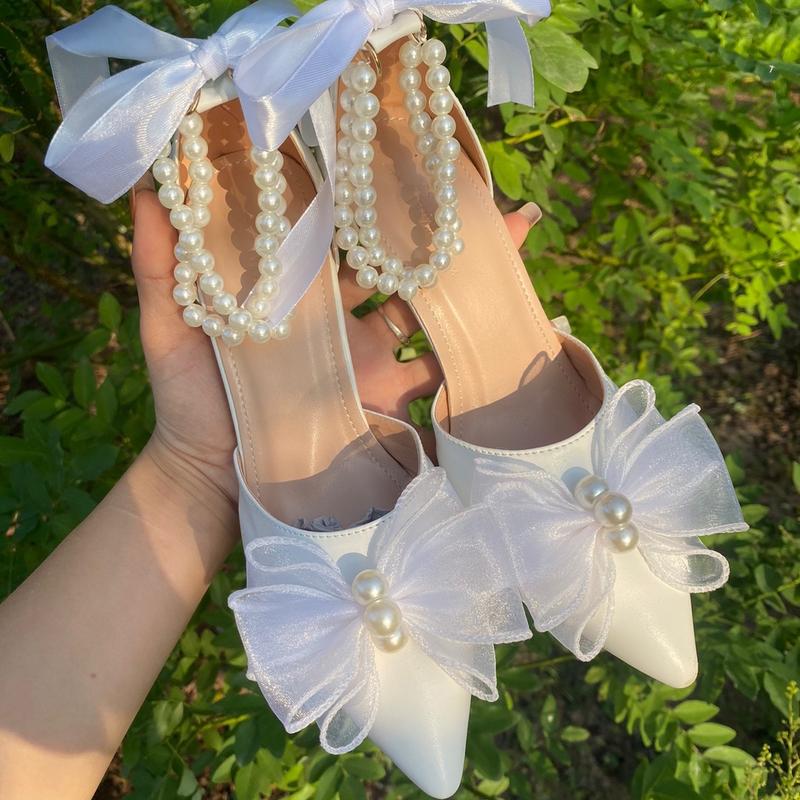  Giày cao gót nữ đính nơ voan VP42 gót vuông và nhọn cao 3-8cm giày sục giày cô dâu 