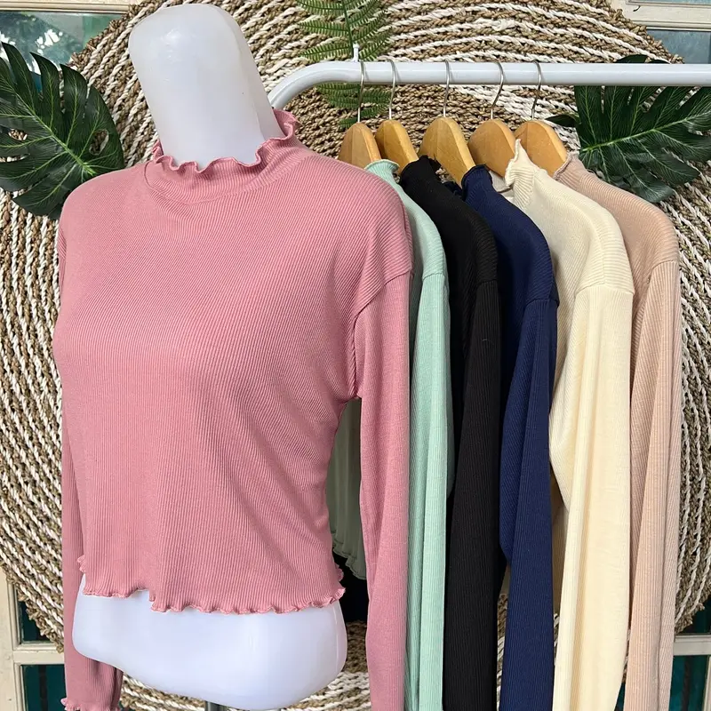 Turtleneck wanita Model Crop top leher kriwil inner Wanita longsleeve leher tinggi Baju Lembut Nyaman Panjang Knitwear Sweater Kerah 0