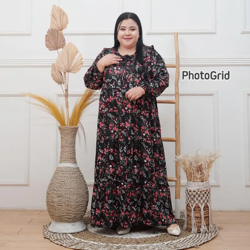 Midi dress jumbo LD 130 rayon premium-Gamis rayon jumbo LD 130 muat BB 100kg busui motif bunga model A-line Maksi dress rayon jumbo LD 130 oversize-Midi dress rayon ld 130 jumbo motif bunga 4