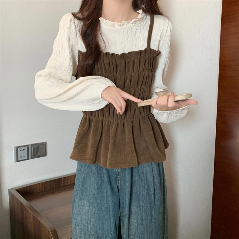 Product Introduction of Áo Sơ Mi Giả Hai Mảnh, Cao Cấp, Phong Cách Pháp, Dành Cho Phụ Nữ, Mùa Xuân Và Mùa Thu, Cô Gái Đầy Đặn, Giấu Eo, Hàng Châu Âu, Áo Sơ Mi ngắn Cho Bé, Áo, Ngoại Cỡ 6