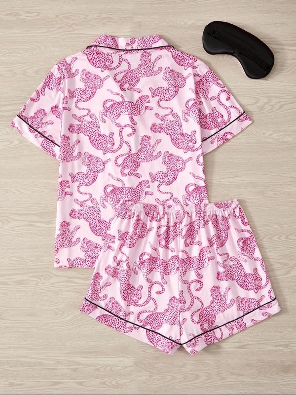 Women's Leopard Print Short Sleeve Pajama Three-piece Set, Elegant Casual Comfy Button Front Chest Pocket Design Lapel Neck Top & Elastic Waist Shorts & Eye Mask PJ Set, Ladies Sleepwear for All Seasons 1