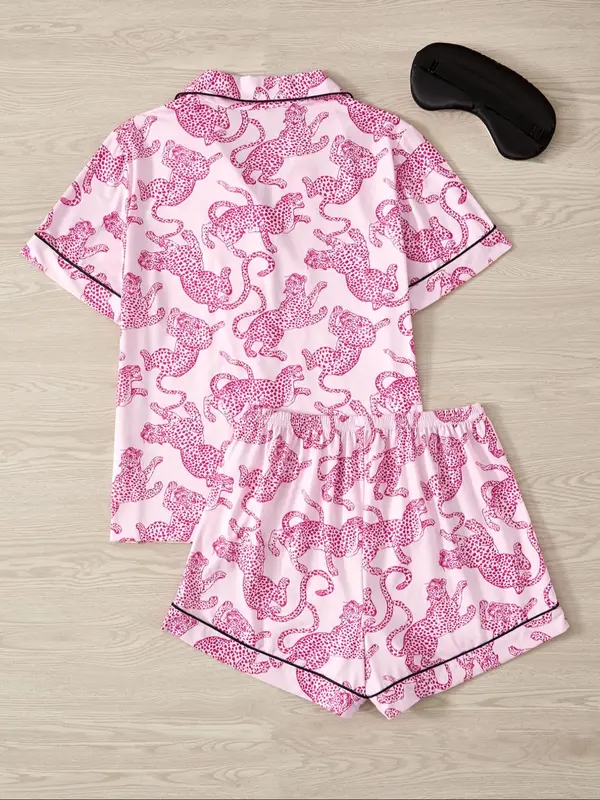 Women's Leopard Print Short Sleeve Pajama Three-piece Set, Elegant Casual Comfy Button Front Chest Pocket Design Lapel Neck Top & Elastic Waist Shorts & Eye Mask PJ Set, Ladies Sleepwear for All Seasons 1