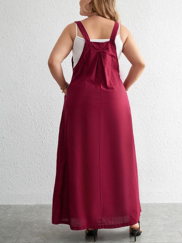 Women's Plus Size Plain Buttons Plicated Pocket Pinafore Dress without Camisole, Summer Clothes Women, Casual Square Neck Sleeveless Long Dress for Summer, Ladies Plus Clothing, Dresses Summer 1