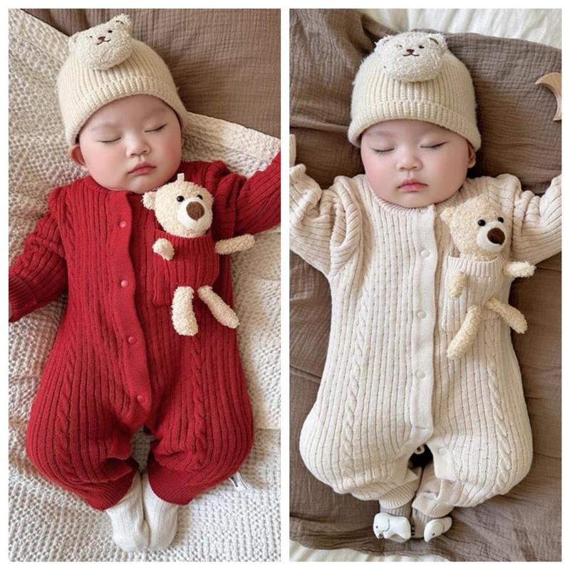 Không mũ Bộ Bodysuit Dài Tay Babyshop88vn Cho Bé Trai Bé Gái M4.10.24-2 Jumpsuit Mẫu Len - Màu Đỏ Be - Trẻ từ 0-12 tháng tuổi