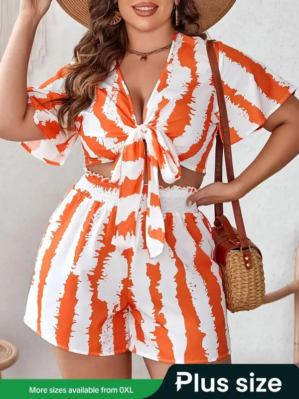 【Plus Size】Two-Piece Set Striped Print Knot Front Blouse & Paper Bag Waist Shorts Set, Casual Relaxed Short Sleeve Top & High Waist Shorts for Daily Wear, Women's Outfits for All Seasons 0