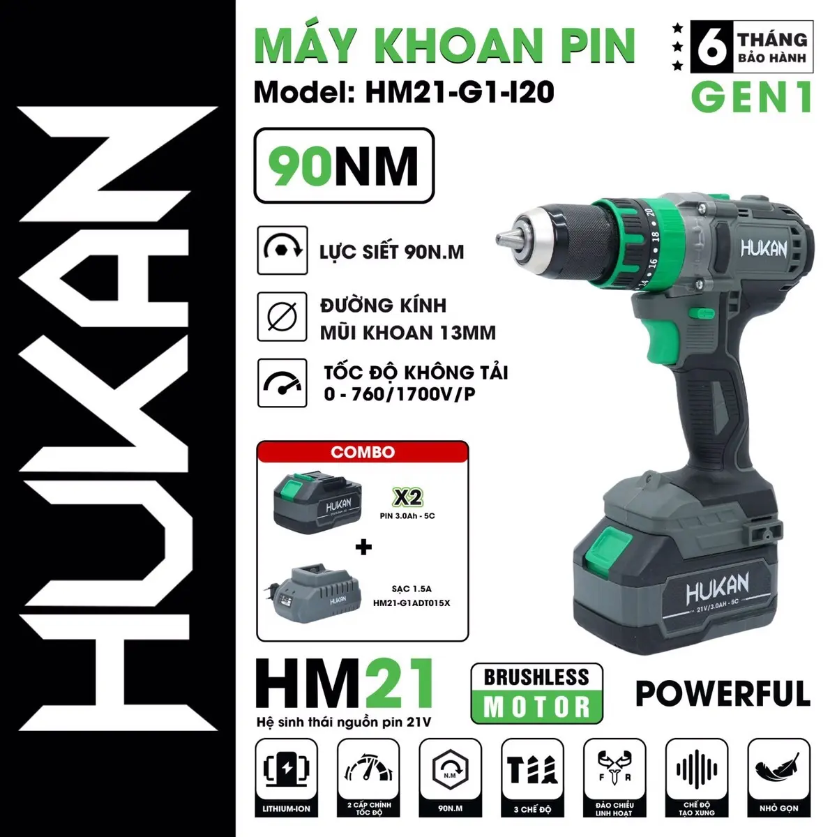 Máy khoan pin HUKAN I20 lực siết 90N,pin phổ thông M21