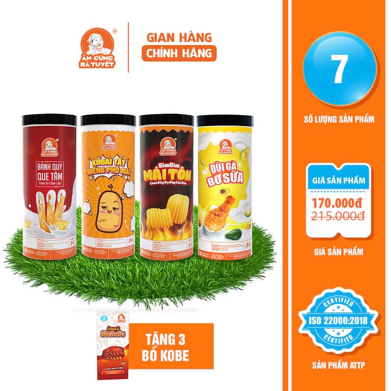 COMBO HỦY DIỆT ĐẤU TRƯỜNG gồm:1 hũ  Bánh Quy Que Tăm+ 1 hũ Bim Bim Mái Tôn Cay +1 hũ  Đùi Gà Bơ Sữa +1 hũ Snack Khoai Tây+Tặng 3 Bò kobe  - Cake   Ăn Cùng Bà Tuyết