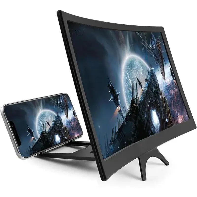 Kính lúp màn hình điện thoại, 12 inch, 3D HD, kính lúp màn hình phim, với thiết kế bề mặt cong, chân đế điện thoại 0