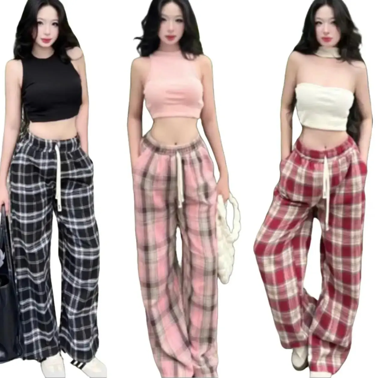 Quần kẻ caro nhiều màu mặc quanh năm ống suông dài form rộng cạp chun co giãn cho nữ top women kẻ ô kẻ bbr kẻ hồng Ong quant ayn quần  thun  nữ  ống  rộng