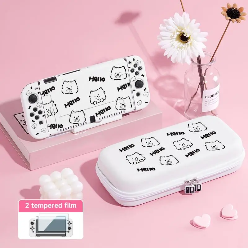 Cartoon Cat Pattern Protective Case with Storage Bag & Screen Protector & Accessories, Large Capacity Storage, Anti-fall Protective Cover for Switch OLED 4