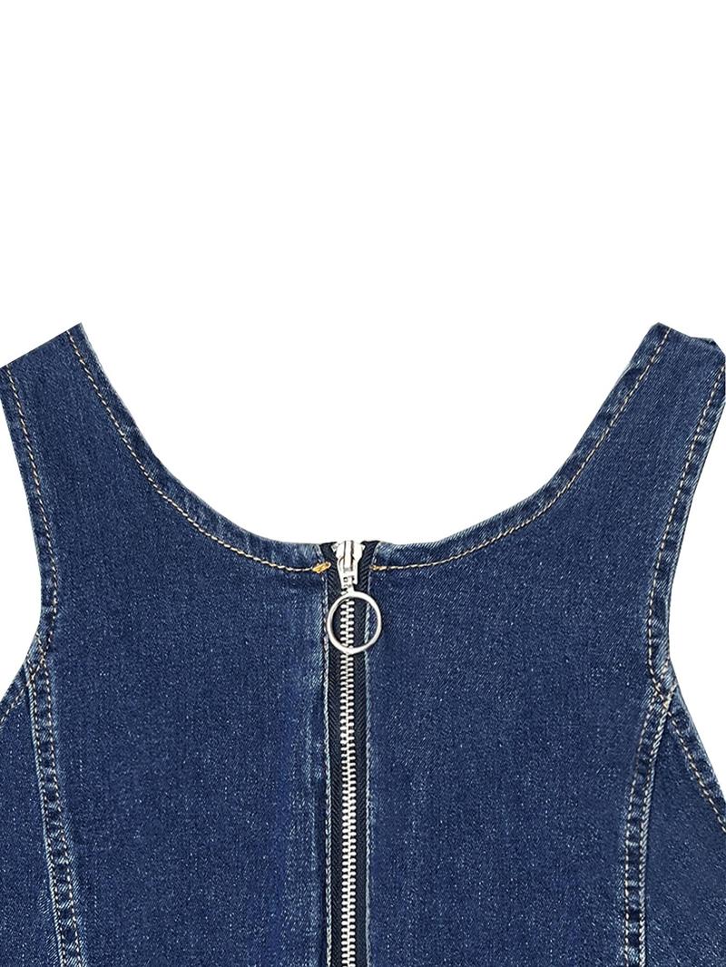 Product Introduction of 【Plus Size】 Solid Zipper Denim Overalls Jumpsuit, Casual Fashion Pocket Sleeveless Denim Overalls Jumpsuit for Daily Wear, Women's Plus Clothing for Summer, Dungarees 8