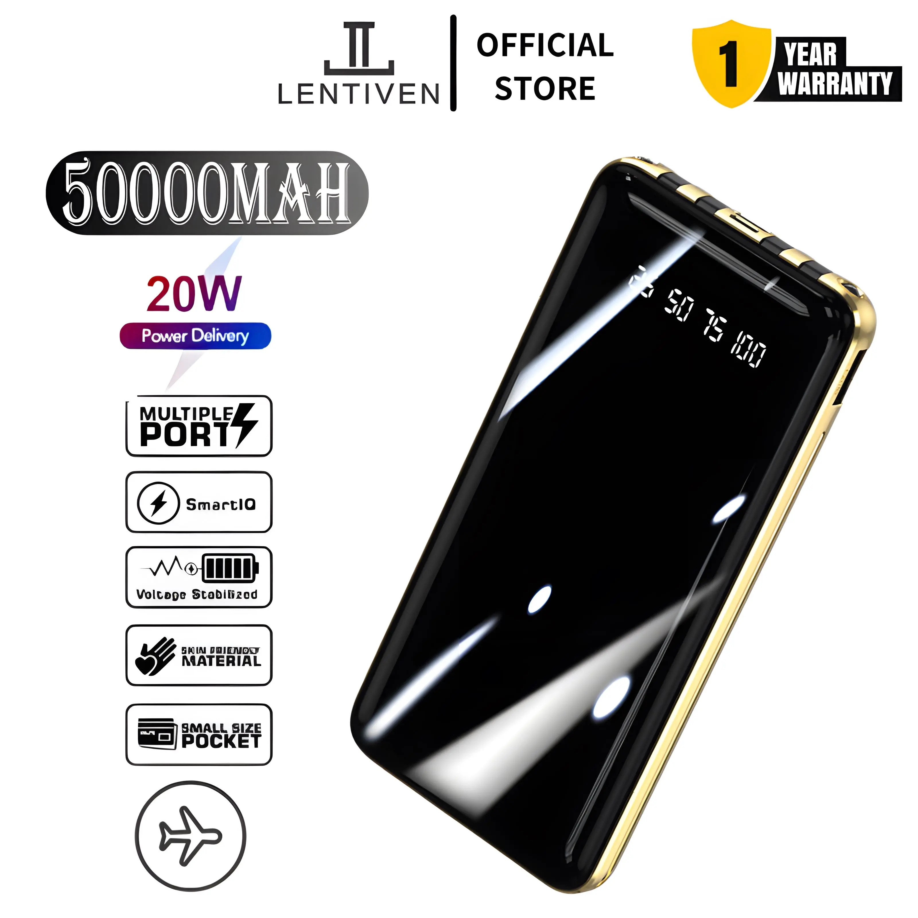 LENTIVEN Powerbank 50000mah fast charging 4USB kabel data MICRO TYPE C IOS Led