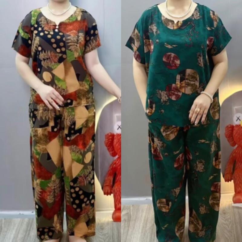 mã D Bộ Trung Niên Chất Cát Lụa Hàn Châu quần Dài tay cộc Trơn Nữ Women