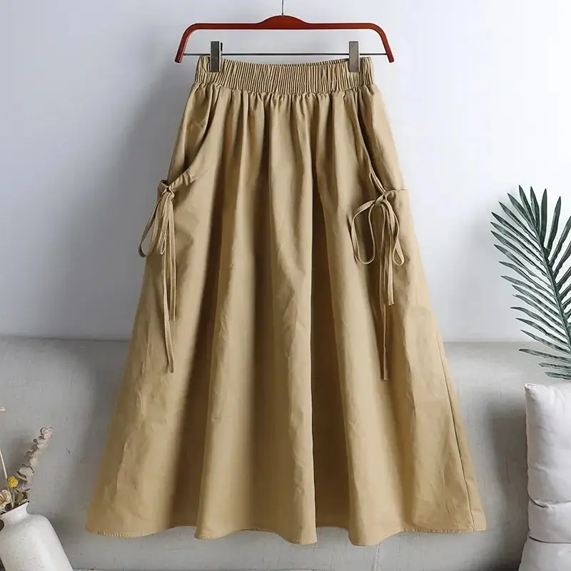 Chân Váy Nữ, Màu Kaki Trơn Phong Cách Thường Ngày Cạp Cao Co Giãn Chữ A, Buộc Dây Thời Trang Hàn Quốc, Dài Giữa Bắp Chân, Thích Hợp Cho Mùa Xuân 2024 Women