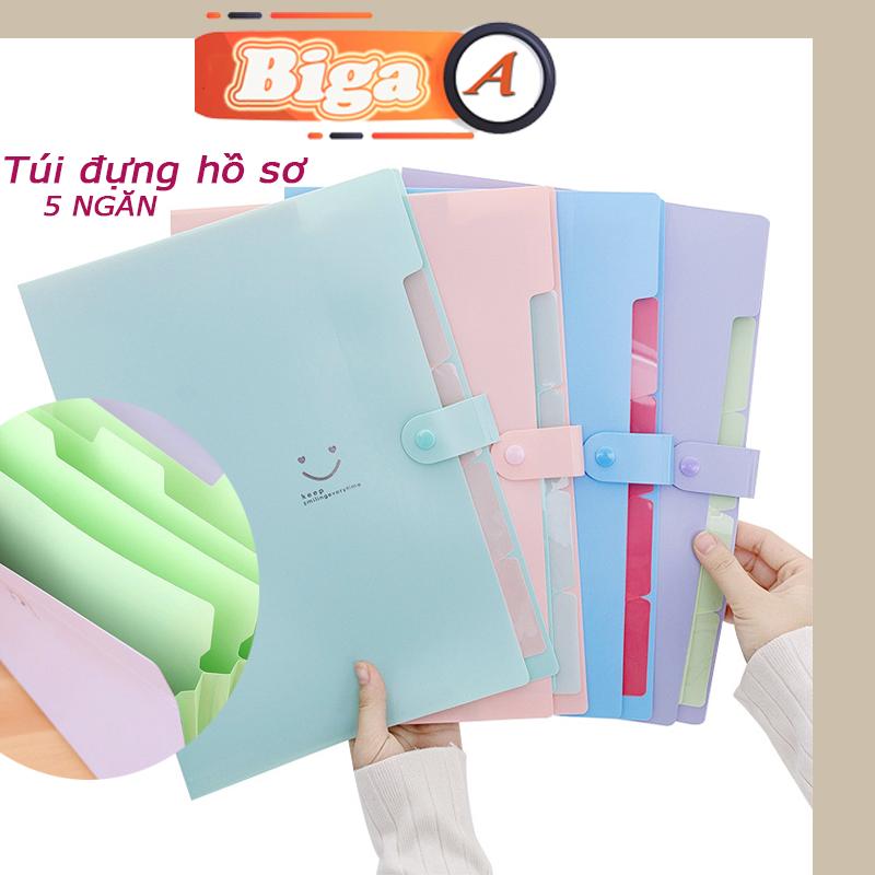 Cặp đựng tài liệu A4 Túi hồ sơ văn phòng BIGA 5 ngăn tiện dụng 6 màu SMILE Bìa nhựa chống nước