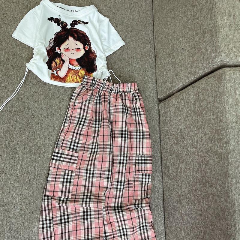 Set Áo thun zip cô gái quần xuông kẻ hồng túi hộp mềm đẹp bé gái