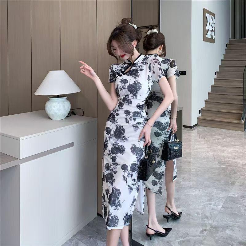 Product Introduction of Váy Cao Trên Đầu Gối, Phong Cách Trung Quốc Mùa Hè, Dáng Ôm, Xẻ Tà Thanh Lịch, Sườn Xám Sửa Đổi, Thường Ngày, Thanh Lịch Và Thời Trang 4