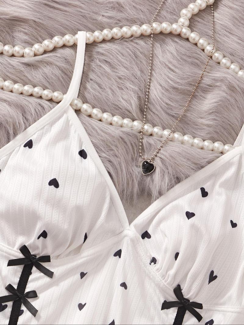 Product Introduction of Women's Heart Print Bow Front Lettuce Trim Cami Nightdress, Elegant Soft Comfortable Spaghetti Strap Backless Nightgown For All Seasons, Ladies Sleepwear For Daily Wear 8