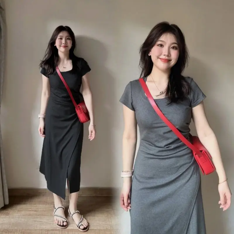 Váy ngắn Tay Màu Xám, Cổ Vuông, Thiết Kế Đẹp, Dành Cho Nữ, Váy Bodycon Xích Thắt Eo Xiacnee, Váy Dài Xẻ Tà, Thanh Lịch, Thời Trang, Năm 2025 0