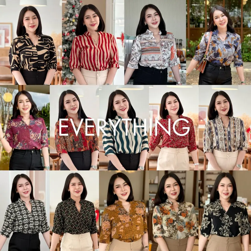 Everything แบรนด์เอฟเวอรี่ติง - เสื้อทำงานคอวีจีนกระดุมหลัง แขนศอก เสื้อผู้หญิงใส่สบาย ใส่ได้ทุกโอกาส มีไซซ์ XS-3XL หน้าผ้า 36-48 (6145-1)