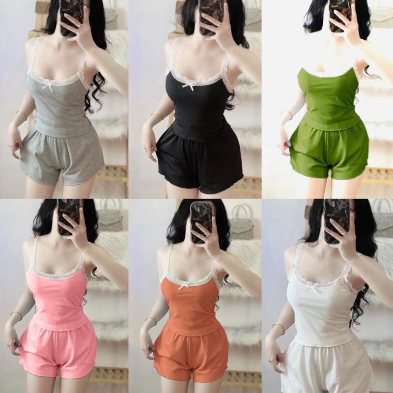 TP25 RẺ VÔ ĐỊCH Sét bộ ngủ đồ bộ nữ áo 2 dây ren kèm quần đùi cuốn biên viền chất vải thun tăm quảng châu