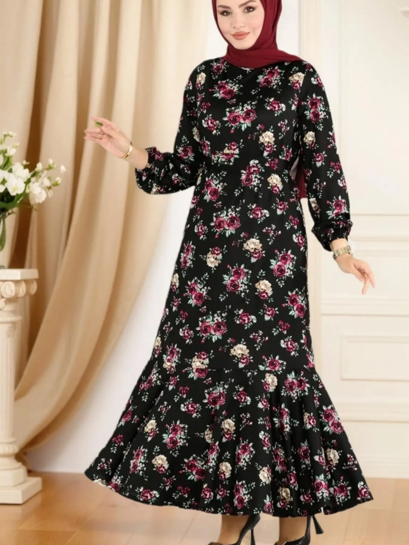 Women's Floral Print Round Neck Long Dress, Retro Elegant Fashion Casual Long Sleeve Dress for Daily Outdoor Wear, Ladies Clothes for All Seasons