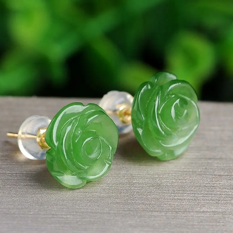 [ 22k People Favorited] Hetian Jadeite Rose Flower Earrings Emerald Green Jade Earrings for Women 925 Sterling Silver Vintage Style Earrings
