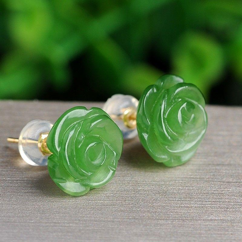 Bông Tai Đinh tán Hoa Hồng Ngọc Lục Bảo Ngọc Bích Hòa Điền Hoa Tai Ngọc Bích Xanh Cho Nữ, Bạc Sterling 925, Phong Cách Cổ Điển 0