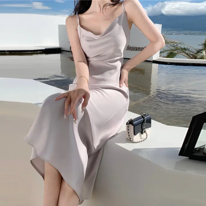 Váy Hai Dây Spaghetti Satin Acetate, Cao Cấp, Dành Cho Nữ, Váy Bodycon Xếp Nếp Eo, Váy Dài Nàng Tiên Cá Xã Hội, Thích Hợp Cho Mùa Hè 7
