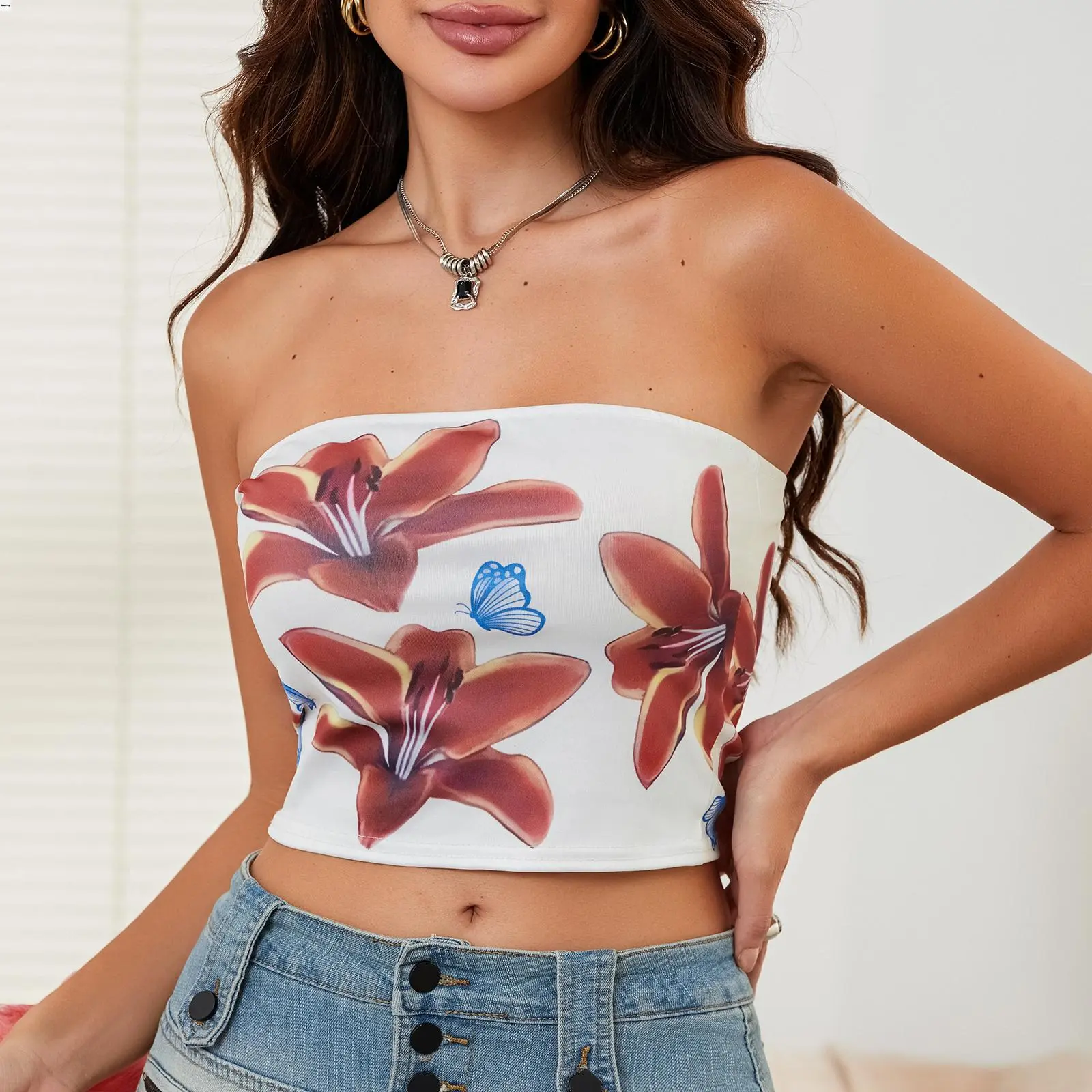 Women´s Summer Fitted Tube Tops Sleeveless Off Shoulder Floral Print Going Out Tops