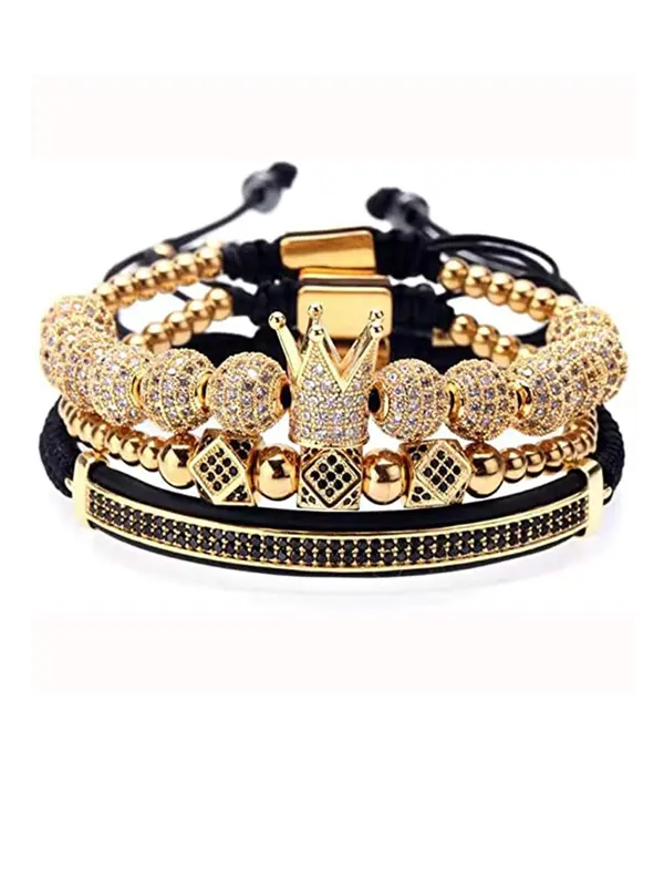 Rhinestone Crown & Beaded Braided Bracelet, Men Accessories, 3pcs Fashion Jewelry for Party, Daily Decor, Trendy All-match & Exquisite Jewellery for Birthday Gift 0