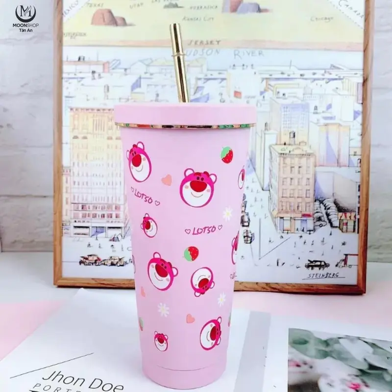 Cốc giữ nhiệt gấu dâu 750ml tặng kèm ống hút 3