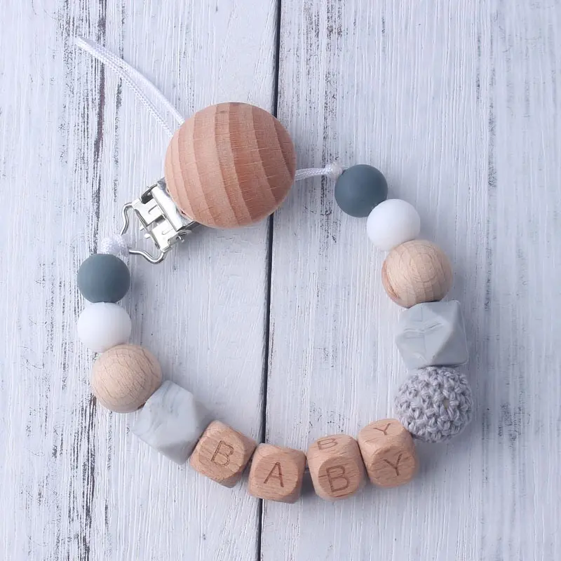 Personalized Name Handmade Silicone Baby Wooden Dummy Pacifier Clip Safe Teething Chain Teether Pacifier Chains Holder Chain