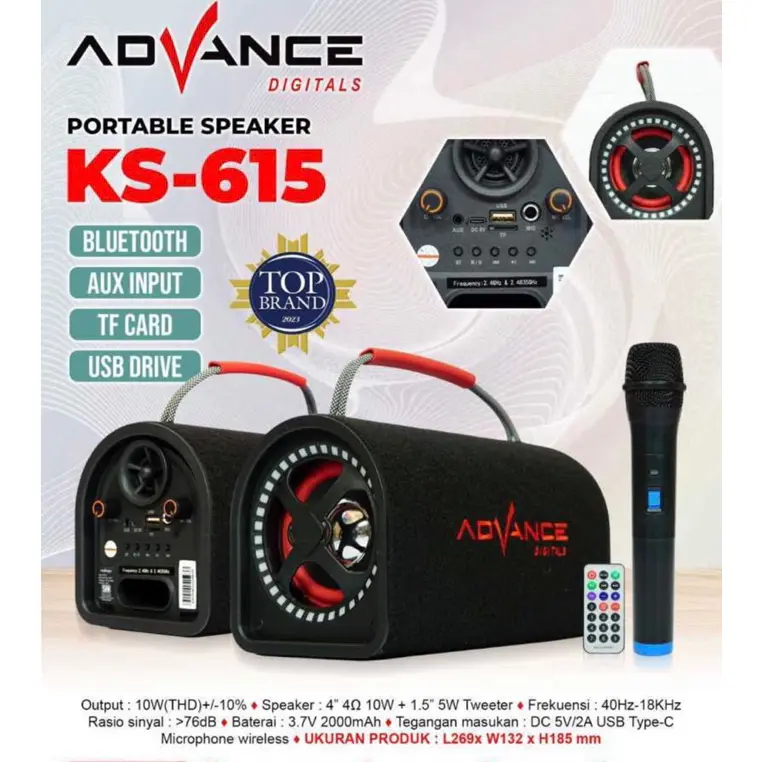 Advance KS-615 / KS615 Speaker Portable Bluetooth Ukuran 5"inch Bass Free 1 Mic Wireless - Garansi 1 Tahun 0