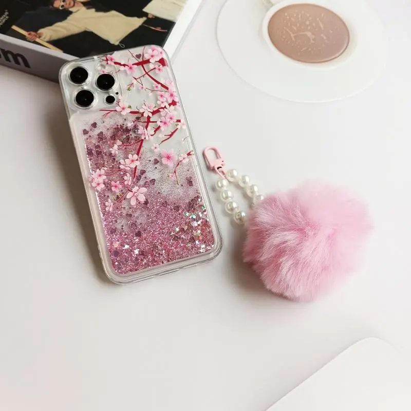 Glitter Blossom Pattern Phone Case with Plush Lanyard, Decorative Phone Protector Cover, Phone Accessories Compatible with iPhone 11 12 13 14 15 16 Pro Max/Pro/Plus, Casing 4